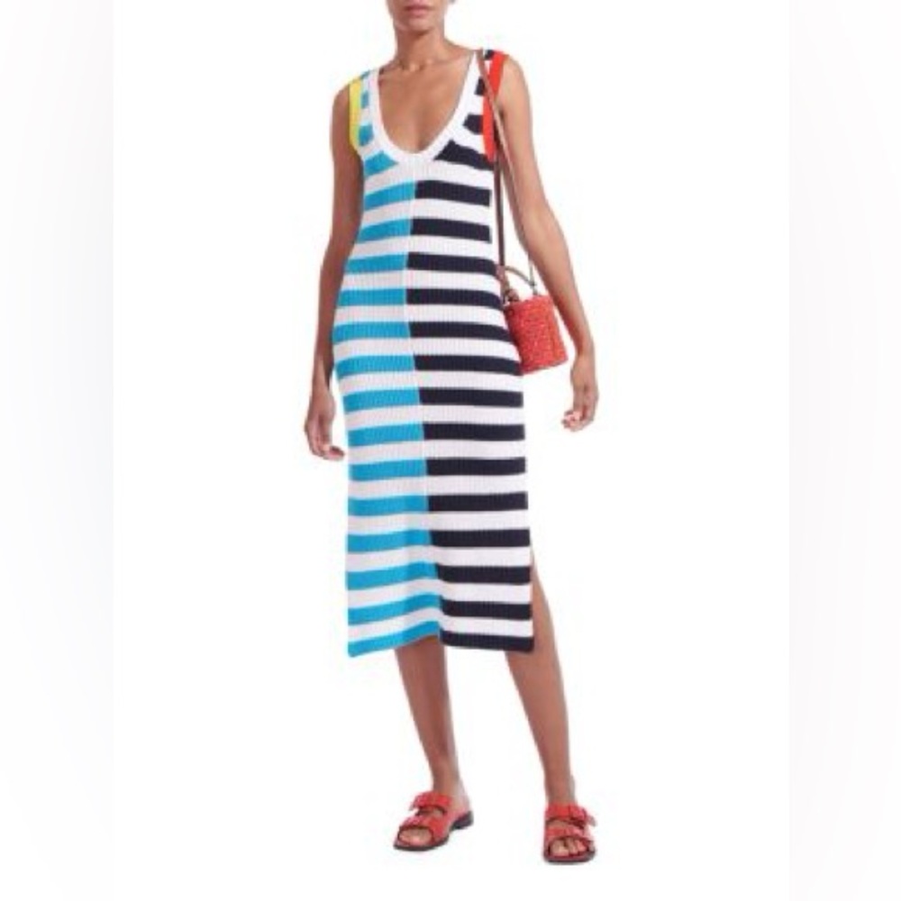 STAUD Colorblock Striped Knit Midi Dress in Blue, Black, White, Red, Yellow